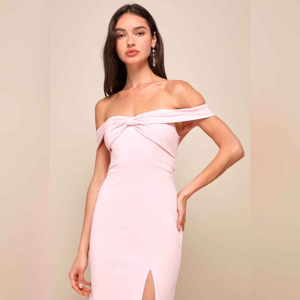 Lulus-Elegant Perception Light Pink Off-the-Shoulder Bow Maxi Dress - Picture 3 of 4